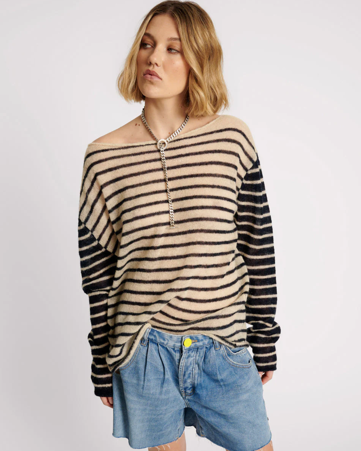 One Teaspoon Wide Neck Striped Mohair Sweater - Ivory/Navy